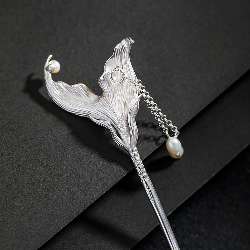 925 Sterling Silver Classical Chinese Style Fish Tail Pearl Tassel Calm Hairpin