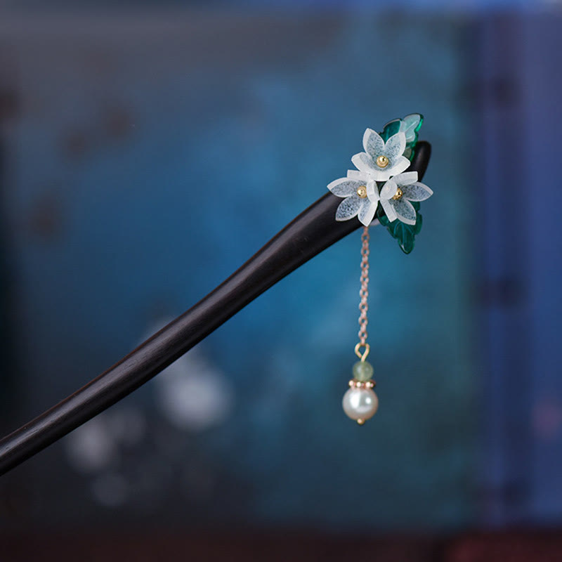 Lily Of The Valley Pearl Tassel Wood Hairpin