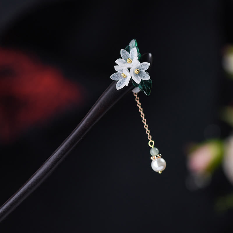 Lily Of The Valley Pearl Tassel Wood Hairpin
