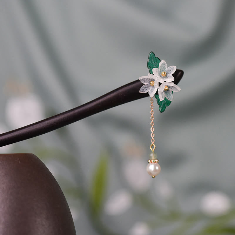 Lily Of The Valley Pearl Tassel Wood Hairpin
