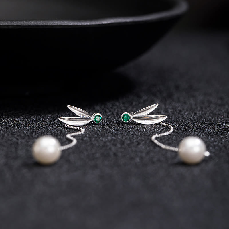 925 Sterling Silver Zircon Pearl Bamboo Leaves Protection Drop Earrings