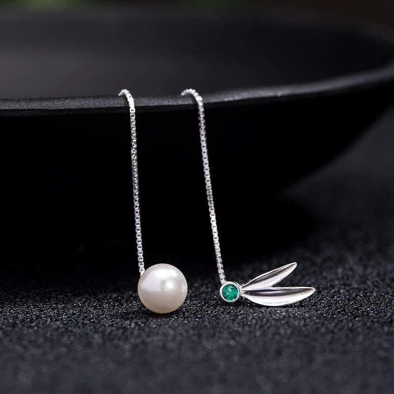925 Sterling Silver Zircon Pearl Bamboo Leaves Protection Drop Earrings