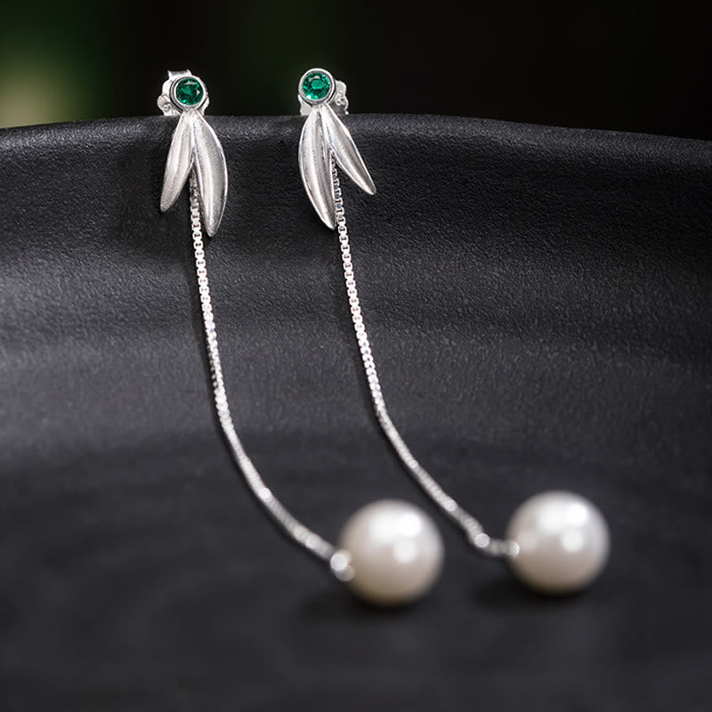 925 Sterling Silver Zircon Pearl Bamboo Leaves Protection Drop Earrings