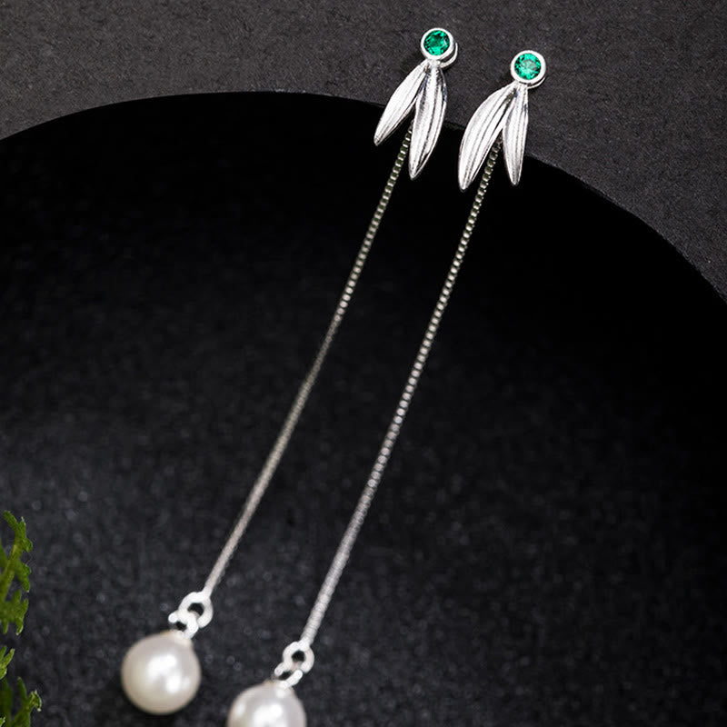 925 Sterling Silver Zircon Pearl Bamboo Leaves Protection Drop Earrings