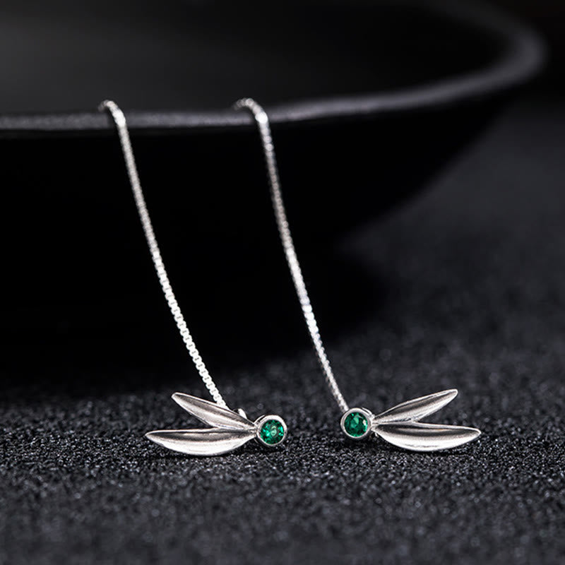 925 Sterling Silver Zircon Pearl Bamboo Leaves Protection Drop Earrings