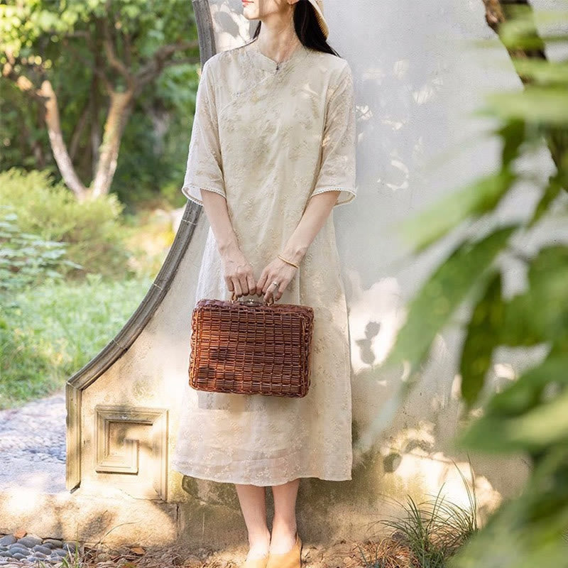 Ramie Slant-Collar Embroidered Mindful Midi Dress