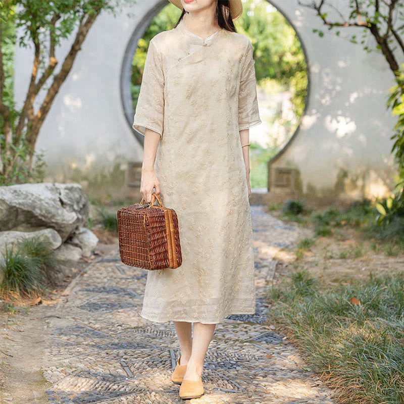 Ramie Slant-Collar Embroidered Mindful Midi Dress