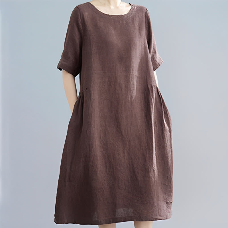 Casual Loose Solid Color Cotton Linen Crew Neck Half Sleeve Design Midi Dress With Pockets