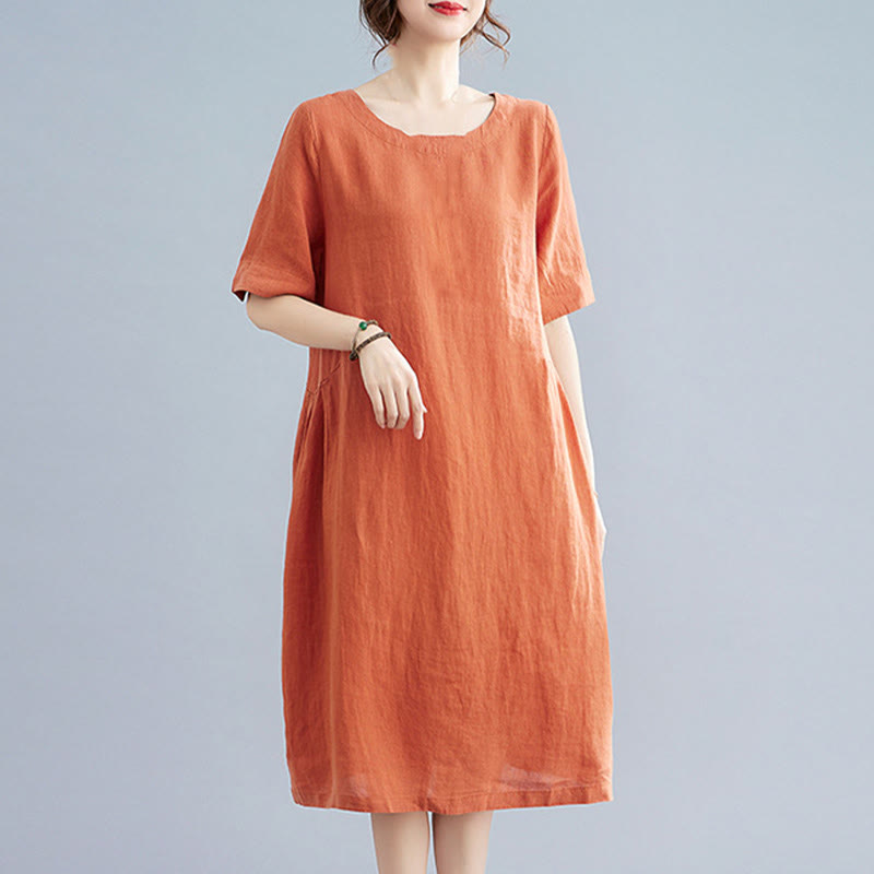 Casual Loose Solid Color Cotton Linen Crew Neck Half Sleeve Design Midi Dress With Pockets