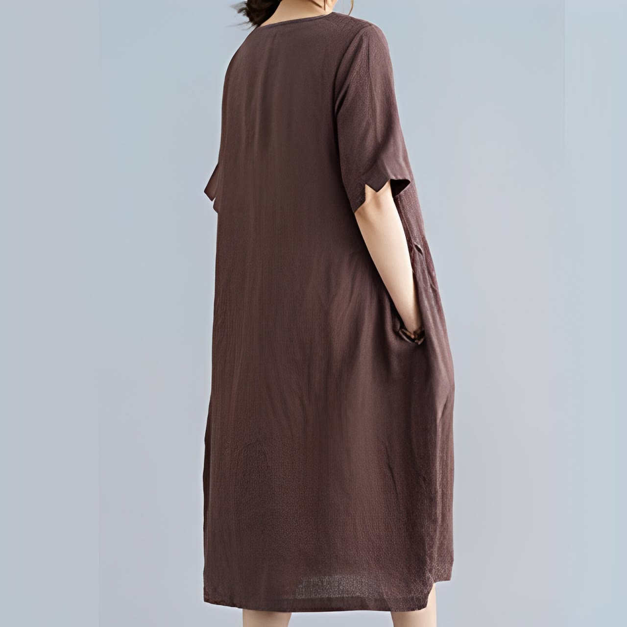 Casual Loose Solid Color Cotton Linen Crew Neck Half Sleeve Design Midi Dress With Pockets