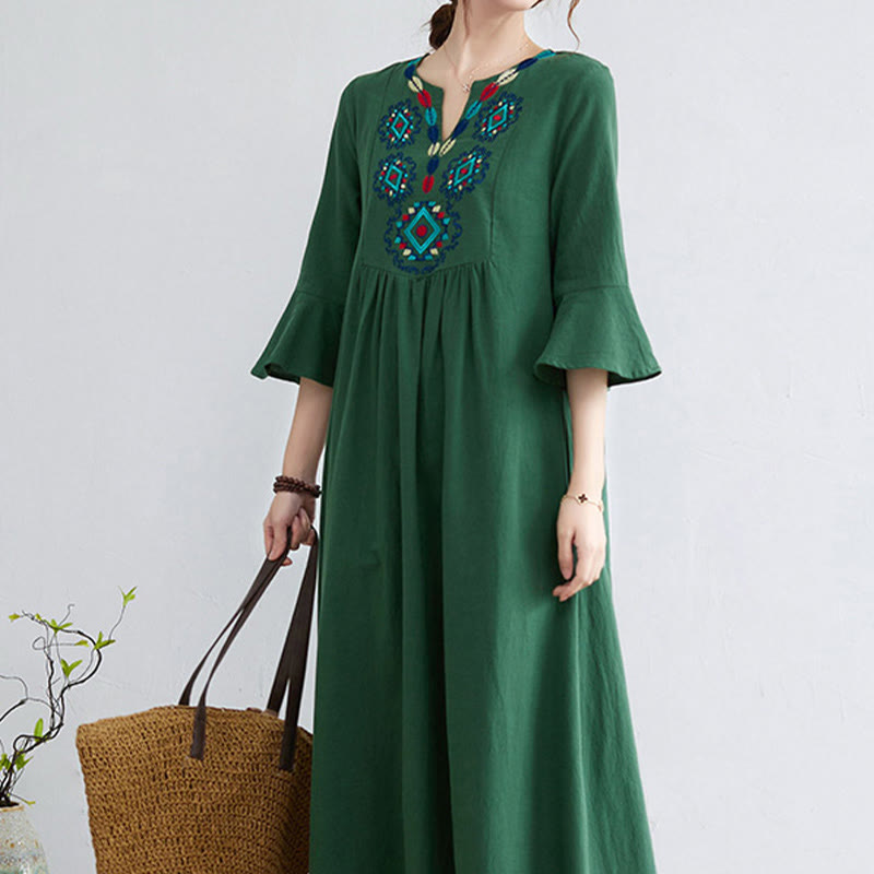 Casual Embroidered Flower Pattern V-neck Three Quarter Sleeve Design Cotton Linen Midi Dress