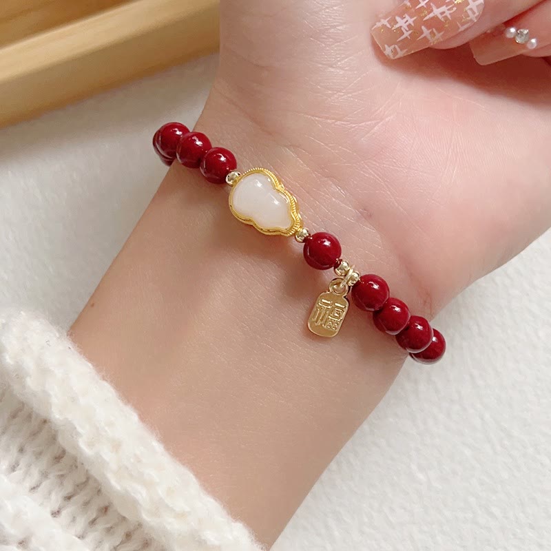 Cinnabar and Jade Wu Lou Gourd Fu Character Charm Blessing Bracelet
