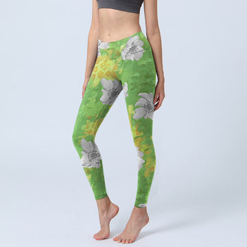 Yellow-green Gray Flowers Print Sports Fitness Leggings Women's Yoga Pants