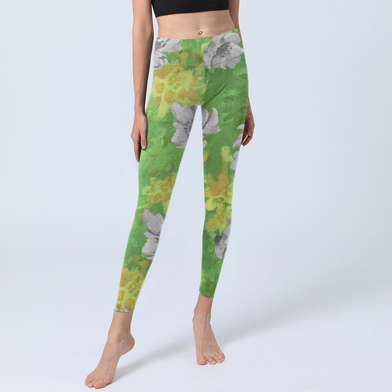Yellow-green Gray Flowers Print Sports Fitness Leggings Women's Yoga Pants