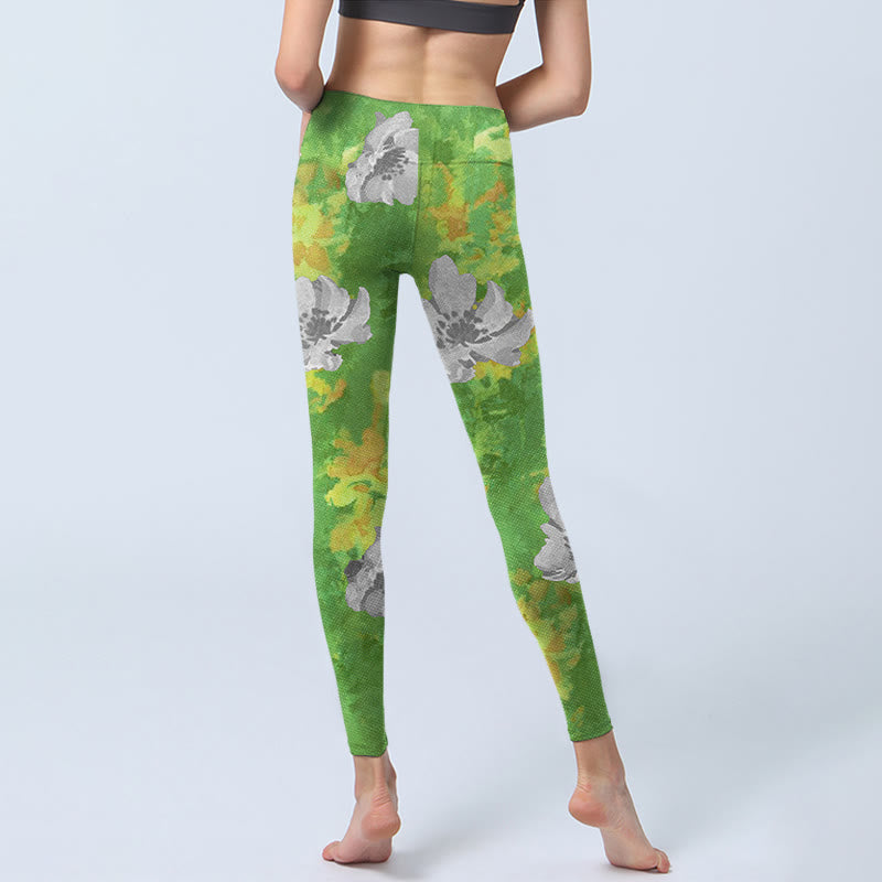 Yellow-green Gray Flowers Print Sports Fitness Leggings Women's Yoga Pants