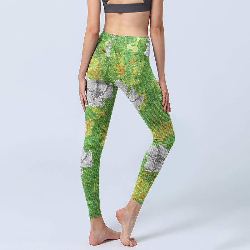 Yellow-green Gray Flowers Print Sports Fitness Leggings Women's Yoga Pants