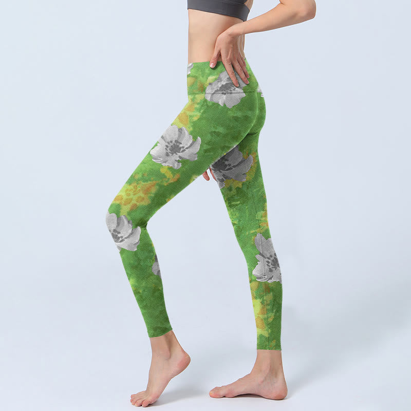 Yellow-green Gray Flowers Print Sports Fitness Leggings Women's Yoga Pants