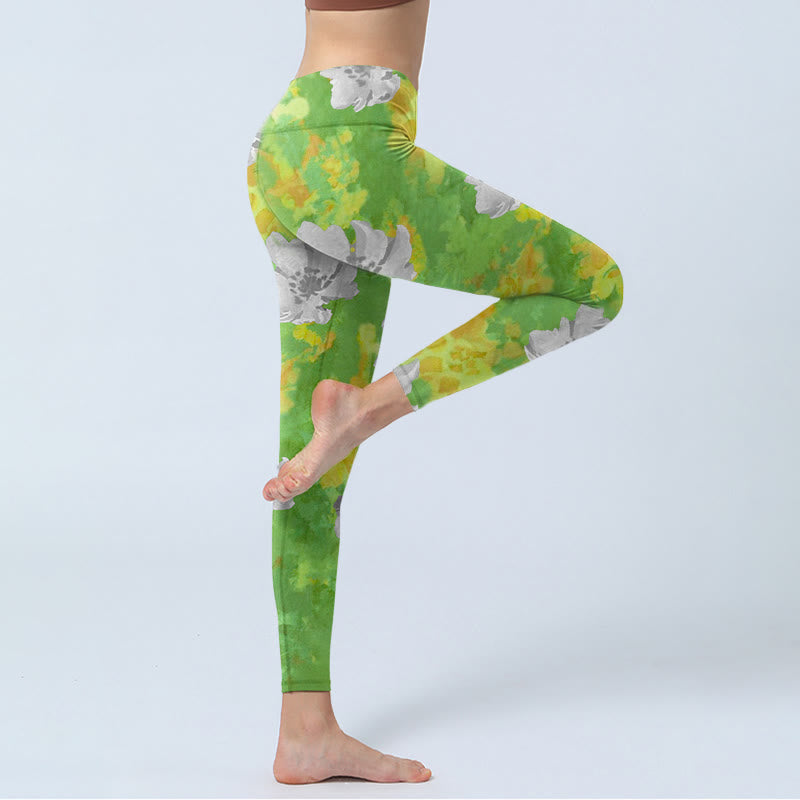 Yellow-green Gray Flowers Print Sports Fitness Leggings Women's Yoga Pants