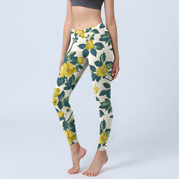 Yellow Flowers Green Leaves Print Gym Fitness Leggings Women's Yoga Pants