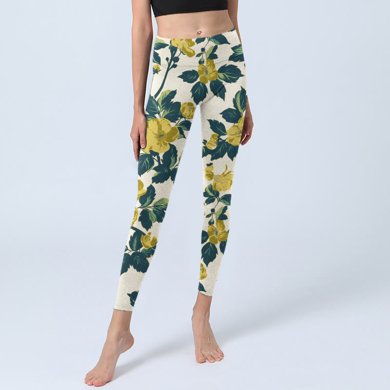 Yellow Flowers Green Leaves Print Gym Fitness Leggings Women's Yoga Pants