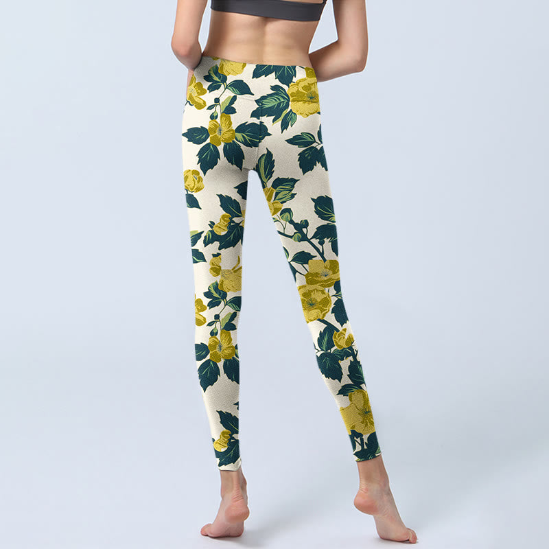Yellow Flowers Green Leaves Print Gym Fitness Leggings Women's Yoga Pants