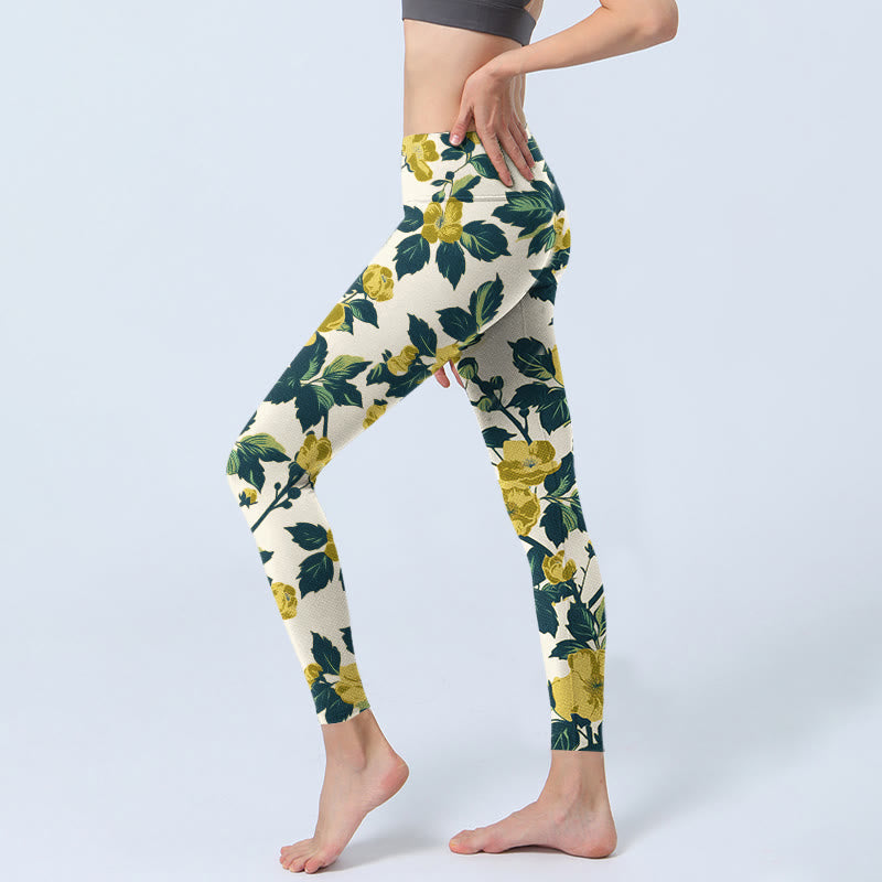 Yellow Flowers Green Leaves Print Gym Fitness Leggings Women's Yoga Pants
