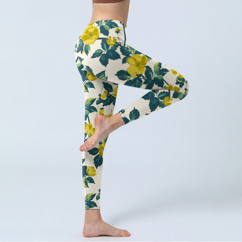 Yellow Flowers Green Leaves Print Gym Fitness Leggings Women's Yoga Pants