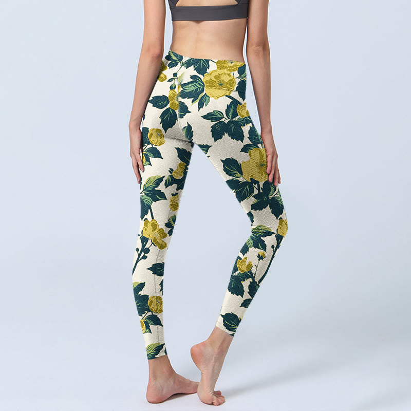 Yellow Flowers Green Leaves Print Gym Fitness Leggings Women's Yoga Pants