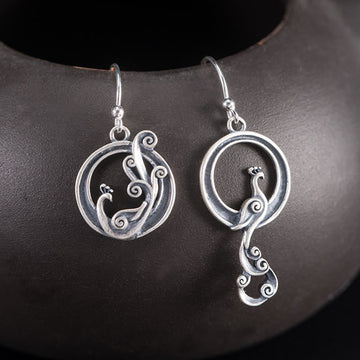 925 Sterling Silver Round Asymmetry Peacock Earrings