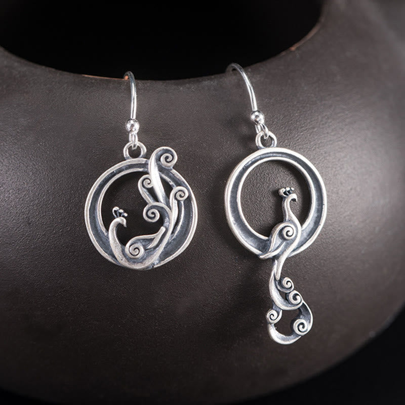 925 Sterling Silver Round Asymmetry Peacock Earrings