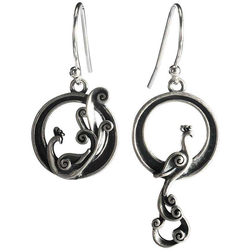 925 Sterling Silver Round Asymmetry Peacock Earrings