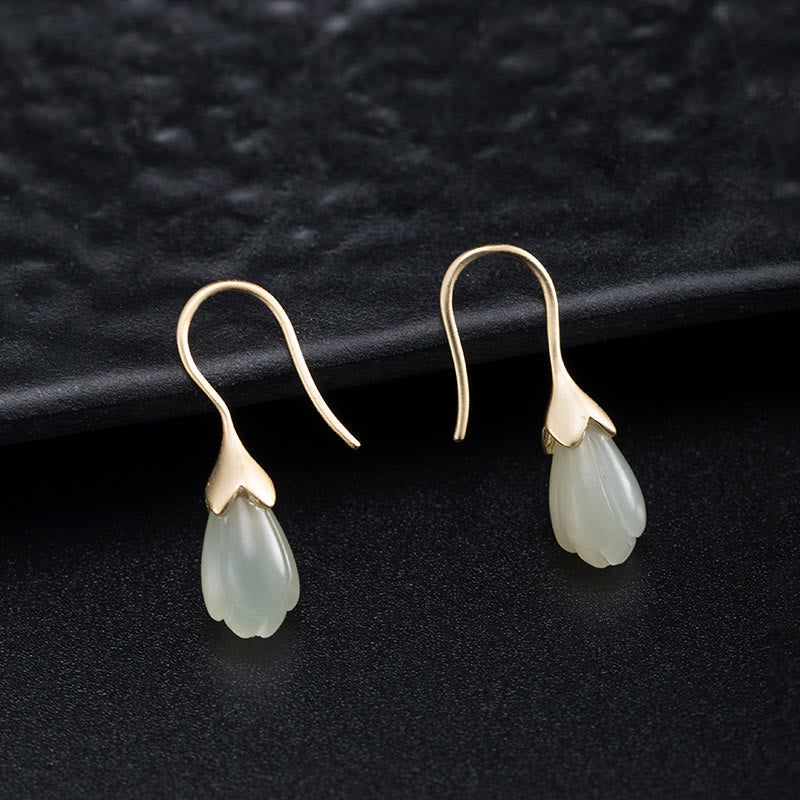925 Sterling Silver Hetian Jade Magnolia Abundance Drop Earrings