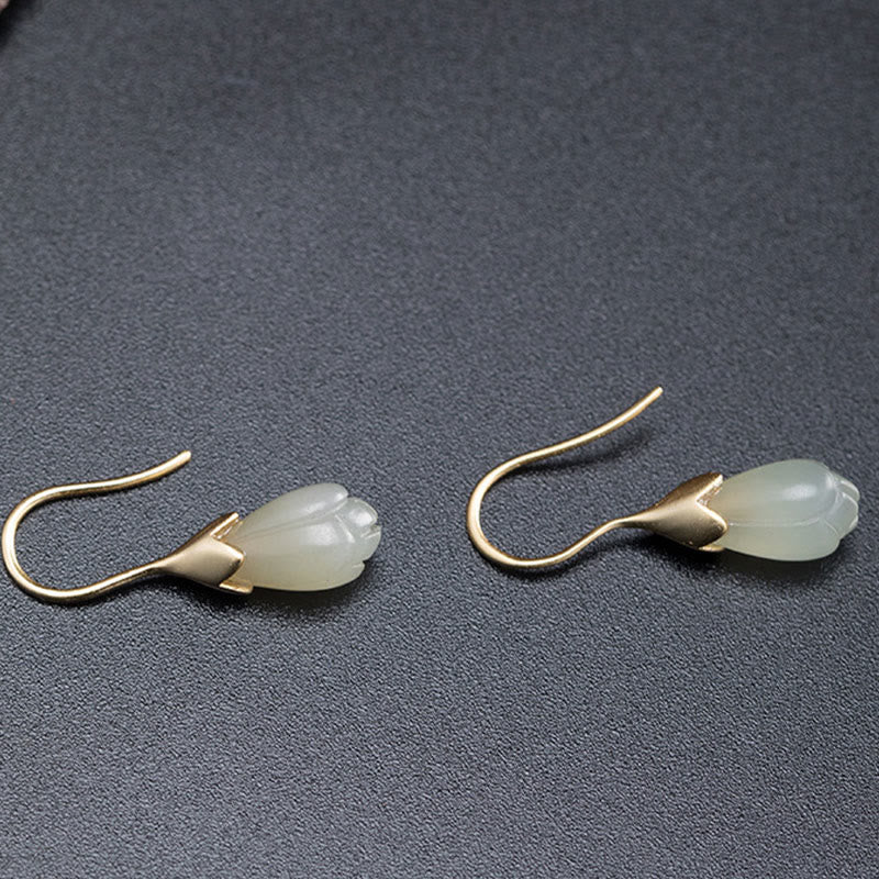 925 Sterling Silver Hetian Jade Magnolia Abundance Drop Earrings