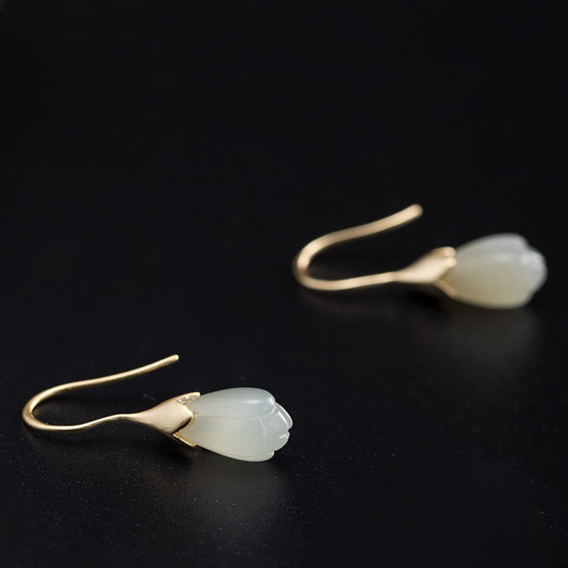 925 Sterling Silver Hetian Jade Magnolia Abundance Drop Earrings