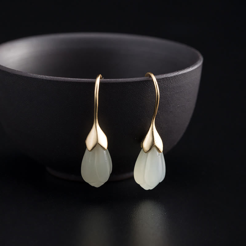925 Sterling Silver Hetian Jade Magnolia Abundance Drop Earrings