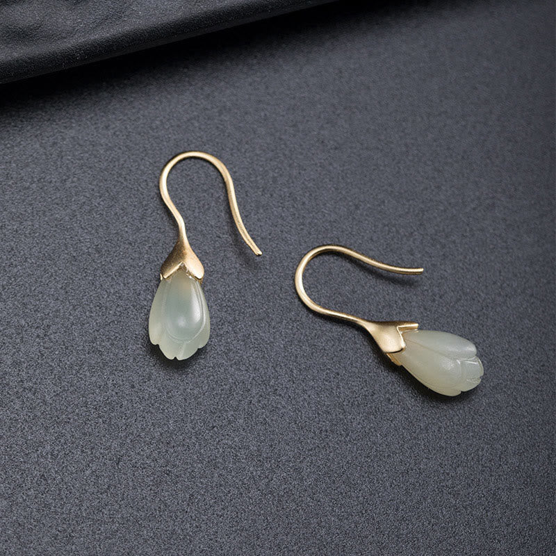 925 Sterling Silver Hetian Jade Magnolia Abundance Drop Earrings