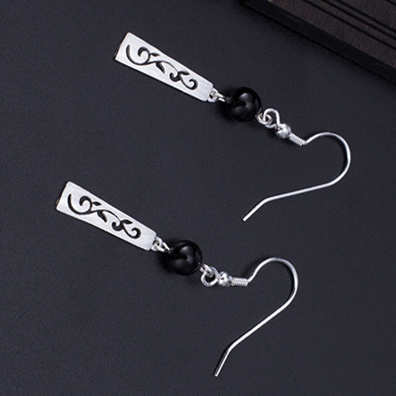 925 Sterling Silver Black Onyx Hollow Vine Protection Drop Earrings