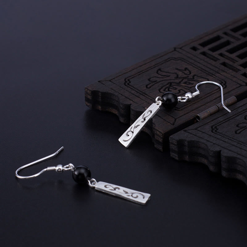 925 Sterling Silver Black Onyx Hollow Vine Protection Drop Earrings