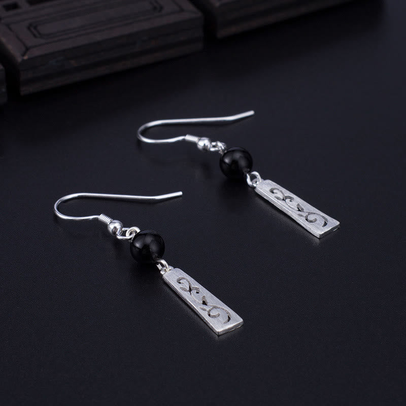 925 Sterling Silver Black Onyx Hollow Vine Protection Drop Earrings