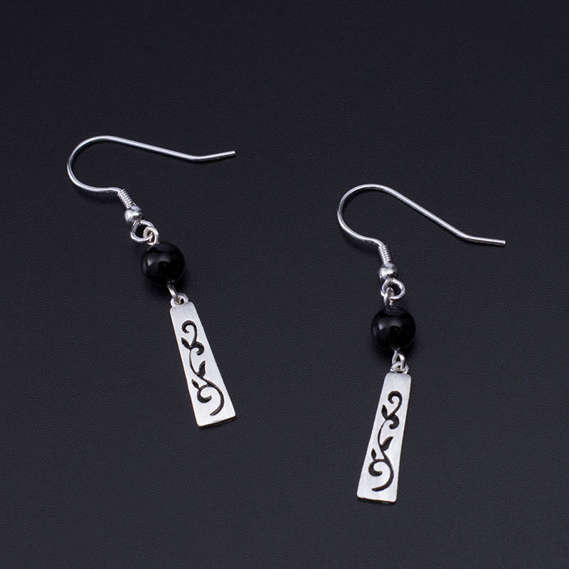 925 Sterling Silver Black Onyx Hollow Vine Protection Drop Earrings