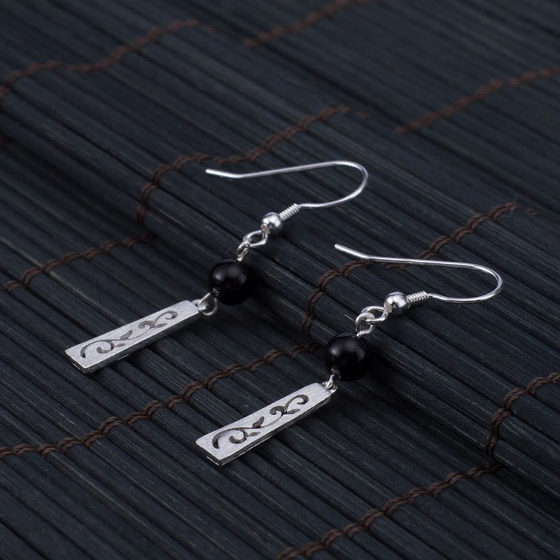 925 Sterling Silver Black Onyx Hollow Vine Protection Drop Earrings