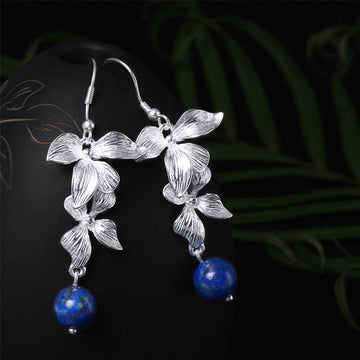 Ethnic Flower Lapis Lazuli 925 Sterling Silver Drop Earrings