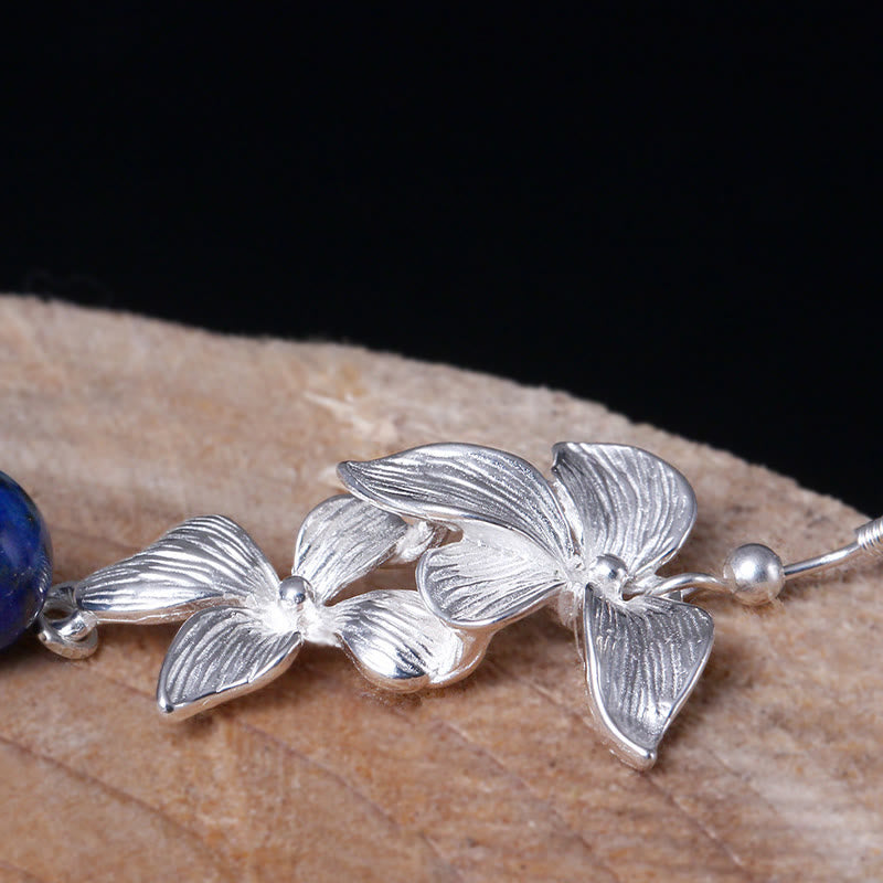 Ethnic Flower Lapis Lazuli 925 Sterling Silver Drop Earrings