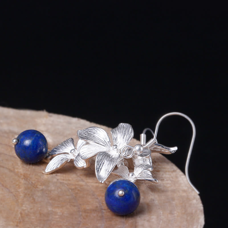 Ethnic Flower Lapis Lazuli 925 Sterling Silver Drop Earrings