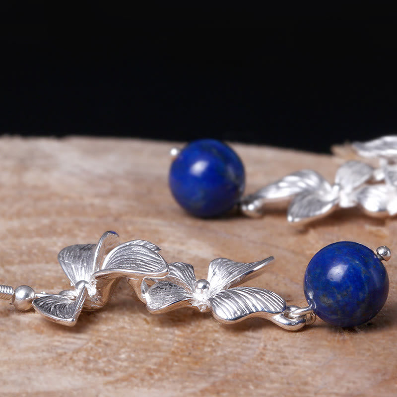 Ethnic Flower Lapis Lazuli 925 Sterling Silver Drop Earrings