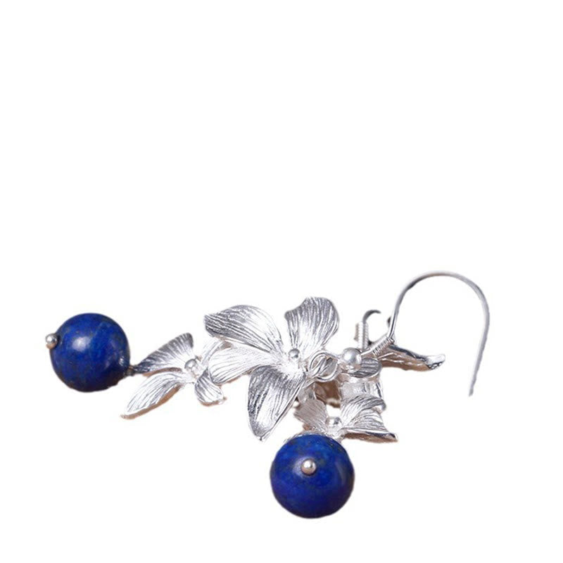 Ethnic Flower Lapis Lazuli 925 Sterling Silver Drop Earrings