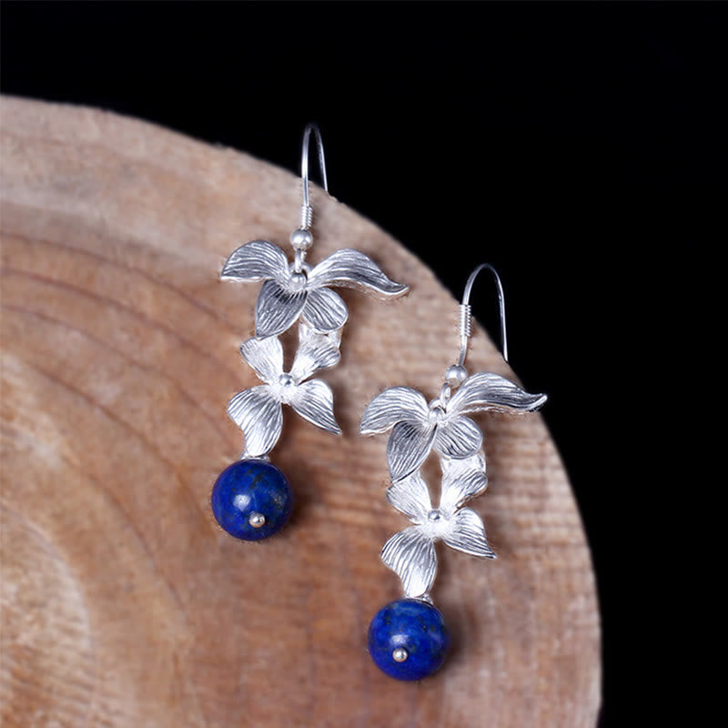 Ethnic Flower Lapis Lazuli 925 Sterling Silver Drop Earrings