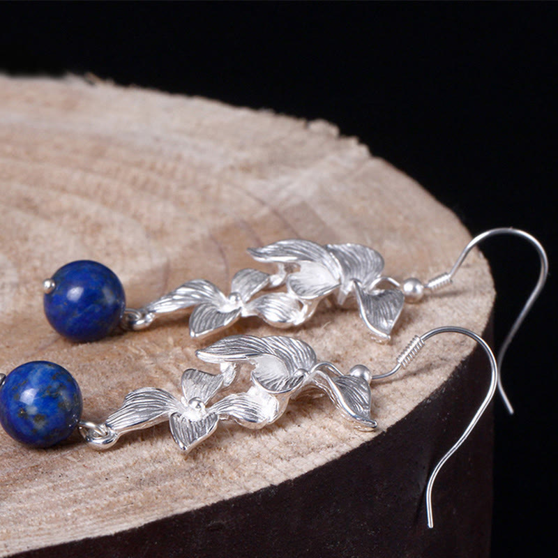 Ethnic Flower Lapis Lazuli 925 Sterling Silver Drop Earrings