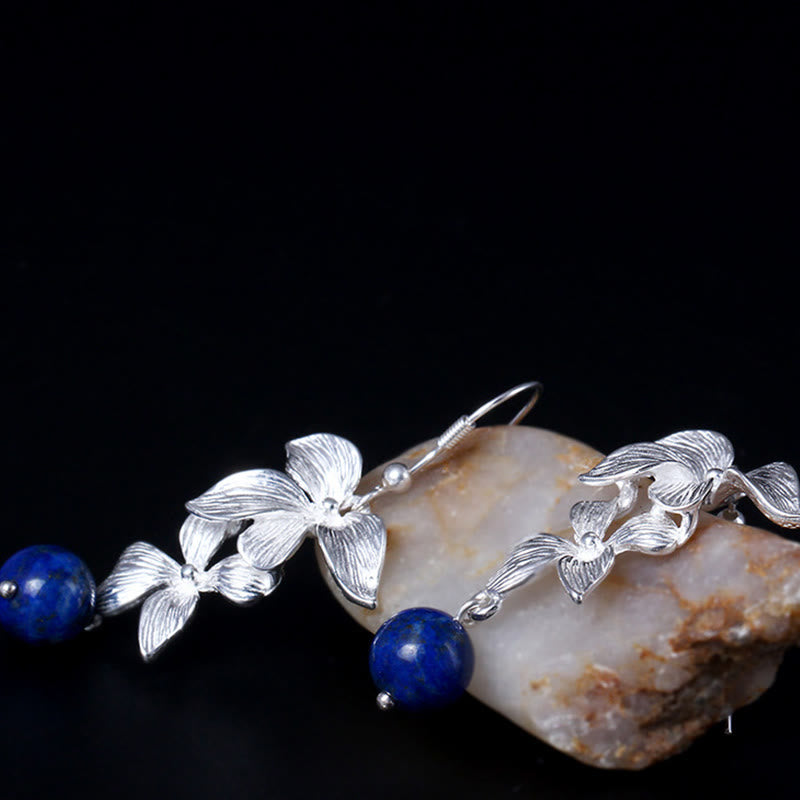 Ethnic Flower Lapis Lazuli 925 Sterling Silver Drop Earrings