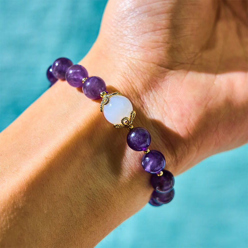 Natural Amethyst, Strawberry & Clear Quartz Beaded Bracelet with Copper Longevity Lock Charm